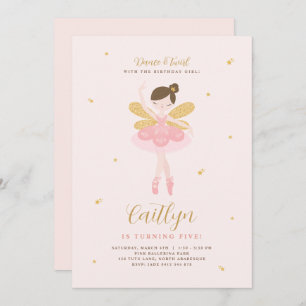 Invitation Pink & Gold Ballerina Fairy Anniversaire Invitatio