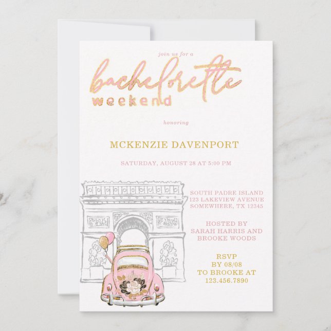 Invitation Pink Gold Black Car Bachelorette Weend (Devant)