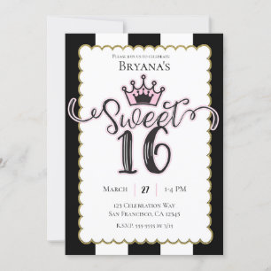 Invitation Pink Gold Black Sweet 16 rayures fête d'anniversai