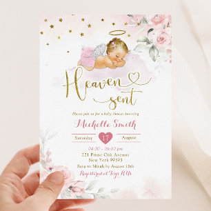 Invitation Pink Gold Blonde Girl Baby Heaven envoyé Baby show