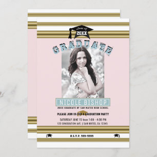 Invitation Pink Gold Blue Elegant Photo Graduation Party