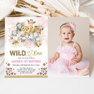 Invitation Pink Gold Boho Safari Wild One Photo Fille Anniver