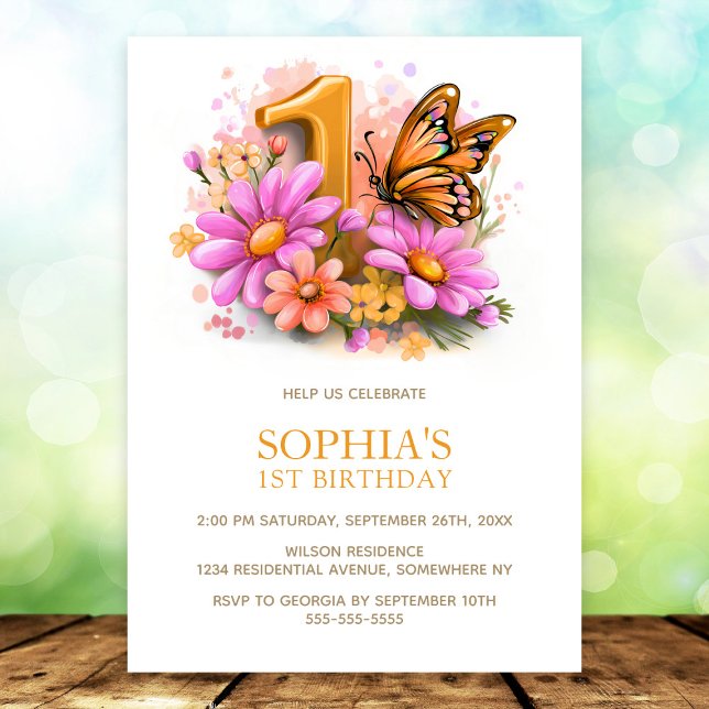 Invitation Pink Gold Butterfly Floral 1st Birthday Party (Créateur téléchargé)