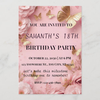 Invitation Pink Gold Butterfly Garden Invite