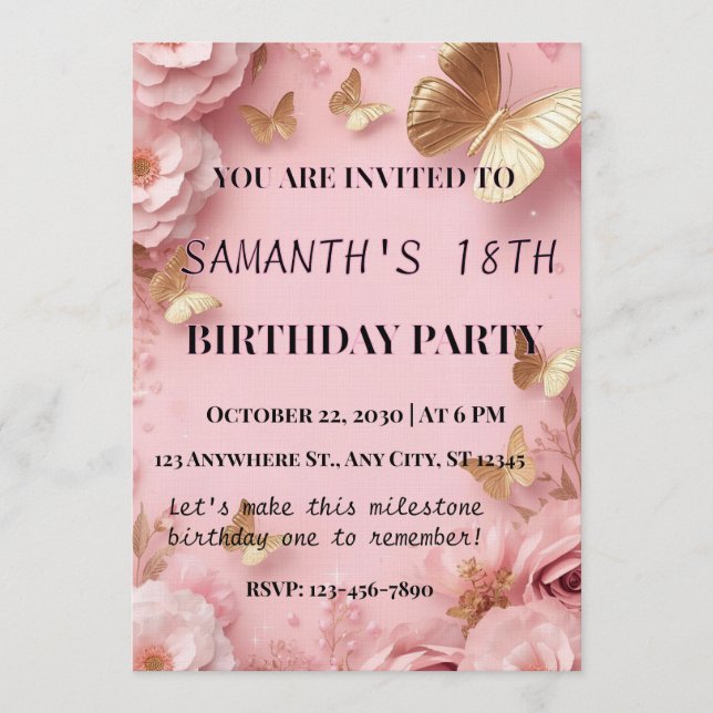 Invitation Pink Gold Butterfly Garden Invite (Devant)