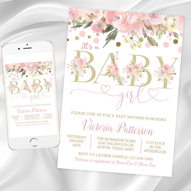 Invitation Pink Gold C'Est Une Fille Aquarelle Baby shower Fl (Blush pink gold floral baby shower invitation. Instant download and printed invitations available.)