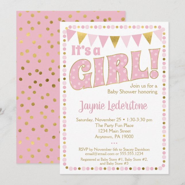 Invitation Pink Gold C'est une fille Baby shower points d'inv (Devant / Derrière)