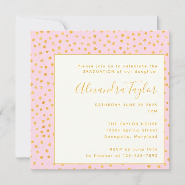 Invitation Pink Gold Confetti Pois Graduation Party (Devant)