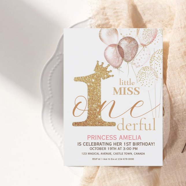 Invitation Pink Gold Couronne Princesse Premier anniversaire (Créateur téléchargé)