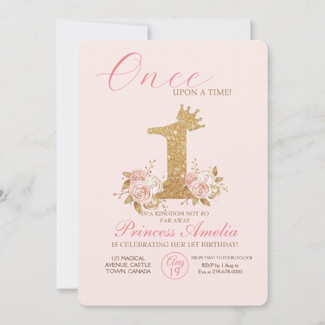 Invitation Pink Gold Couronne Princesse Premier anniversaire (Devant)