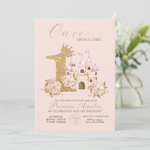 Invitation Pink Gold Crown Castle Princess 1er anniversaire