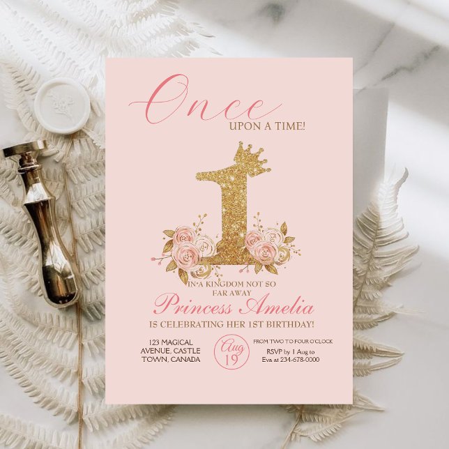 Invitation Pink Gold Crown Princesse 1er anniversaire (Créateur téléchargé)
