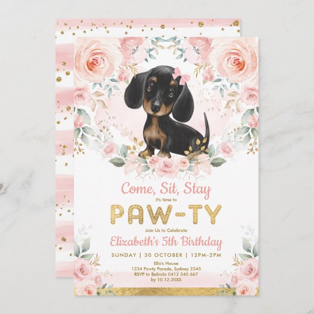 Invitation Pink Gold Dachshund Girls Anniversaire Puppy Pet C (Devant / Derrière)
