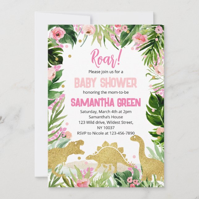 Invitation Pink Gold Dinosaur Baby Shower (Devant)