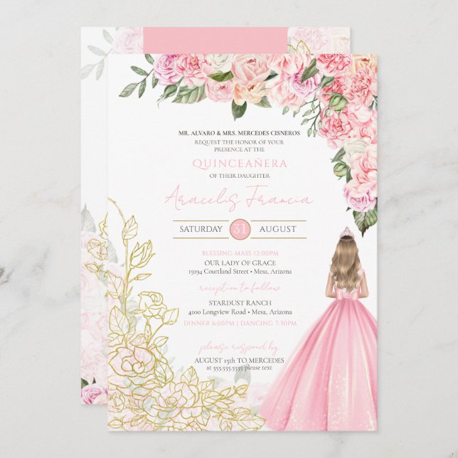 Invitation Pink & Gold Elegant Floral Girly Quinceanera (Devant / Derrière)