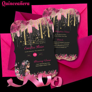 Invitation PINK Gold Étincelle Quinceanera robe Roses floraux