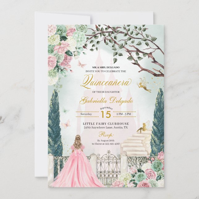 Invitation Pink Gold Fairytale Enchanted Garden Quinceanera (Devant)