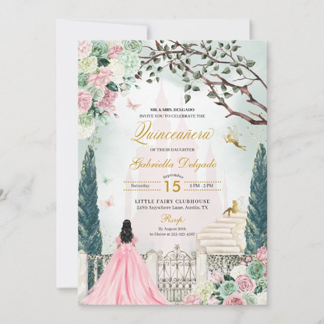 Invitation Pink Gold Fairytale Enchanted Garden Quinceanera (Devant)