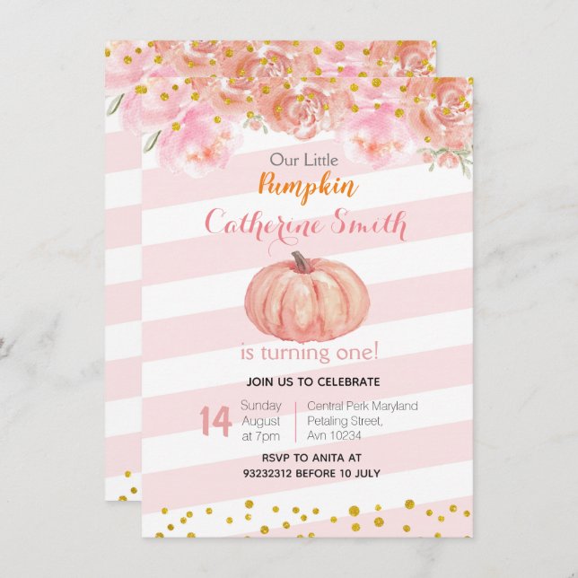 Invitation Pink Gold Fall Floral Citrouille 1er Anniversaire (Devant / Derrière)