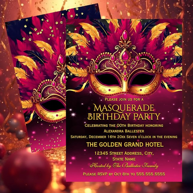 Invitation Pink Gold Feathers Masks Masquerade Birthday Party (Créateur téléchargé)