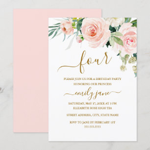Invitation Pink Gold Floral 4e fête d'anniversaire