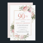 Invitation Pink Gold Floral 90e fête d'anniversaire<br><div class="desc">Faites honneur à une femme spéciale avec cette invitation élégante et féminine 90e anniversaire. 90ème est écrit en gros rose rose. Suprise Birthday Party suit. Le nom de l'invité honoré est également en majuscules roses. Le reste du texte est doucement gris colombe. Les détails de la célébration du 90ème anniversaire...</div>