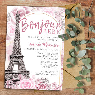 Invitation Pink Gold Floral Bonjour Bebe Baby shower