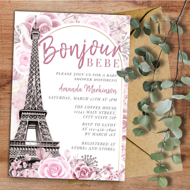 Invitation Pink Gold Floral Bonjour Bebe Baby shower (Créateur téléchargé)