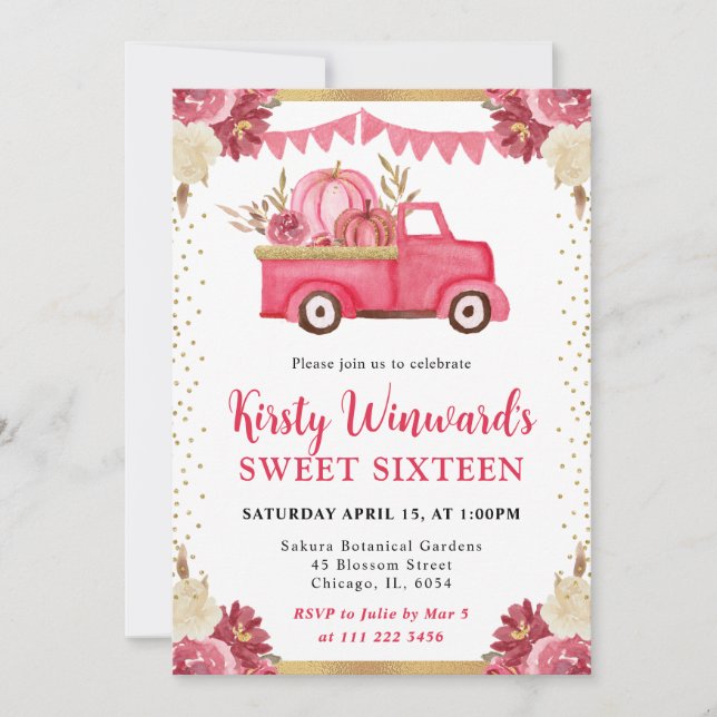 Invitation Pink Gold Floral Citrouille Camion Automne Sweet 1 (Devant)