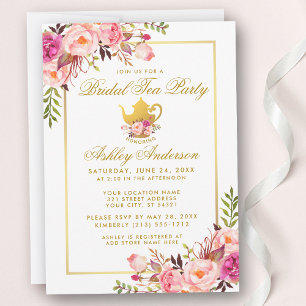Invitation Pink Gold Floral Fête des mariées Tea P
