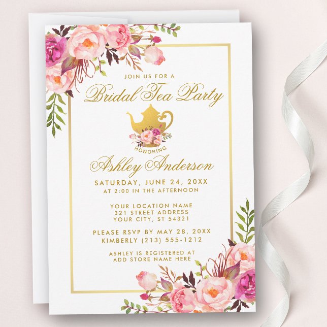 Invitation Pink Gold Floral Fête des mariées Tea P (Customize to change text color,  size or style.)
