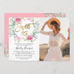 Invitation Pink Gold Floral Greenery Sweet 16 Anniversaire Ph
