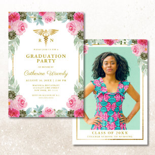 Invitation Pink Gold Floral Nursing School Photo Graduation