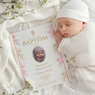 Invitation Pink Gold Floral Photo personnalisée Baptême