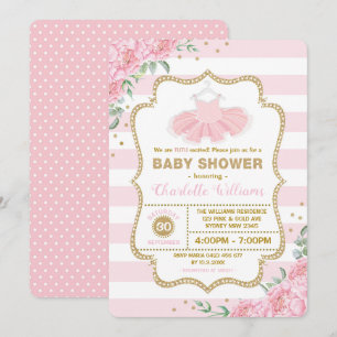 Invitation Pink Gold Floral Tutu Ballerina Baby shower fille