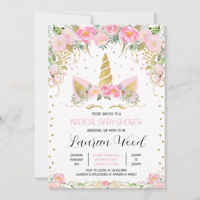 Invitation Pink Gold Floral Unicorn Baby Shower (Devant)
