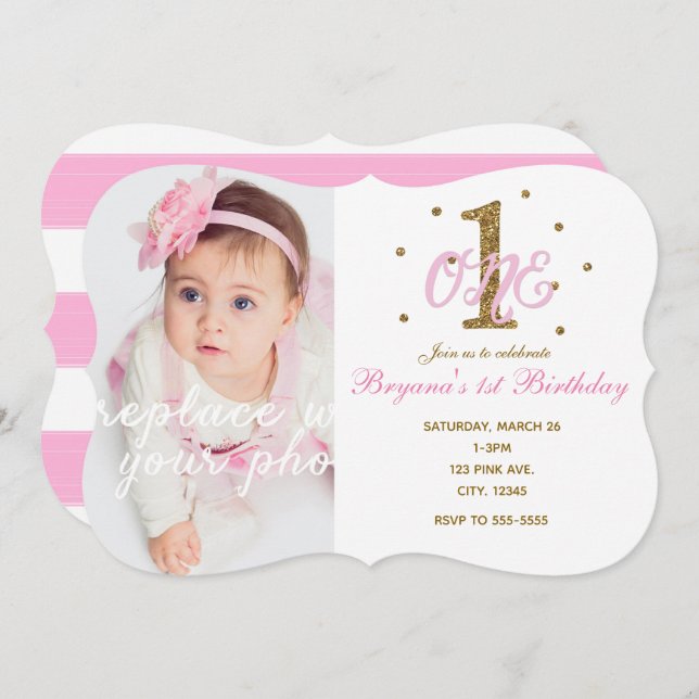 Invitation Pink & Gold Girls ONE 1st Birthday Party Photo (Devant / Derrière)