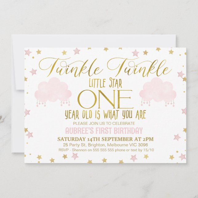 Invitation Pink Gold Girl's Twinkle Little Star 1s Anniversai (Devant)