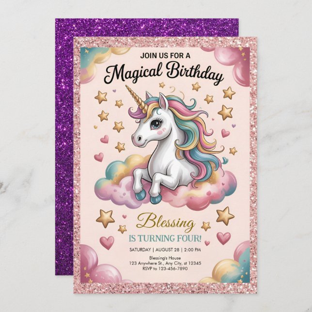 Invitation Pink & Gold Glitter Party (Devant / Derrière)