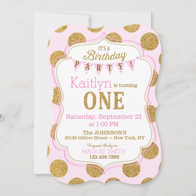Invitation Pink Gold Glitter Sparkle First Birthday Invite (Devant)