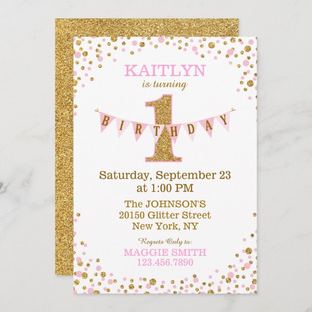 Invitation Pink Gold Glitter Sparkle First Birthday Invite (Devant / Derrière)
