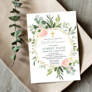 Invitation Pink gold greenery eucalyptus First Holy Communion