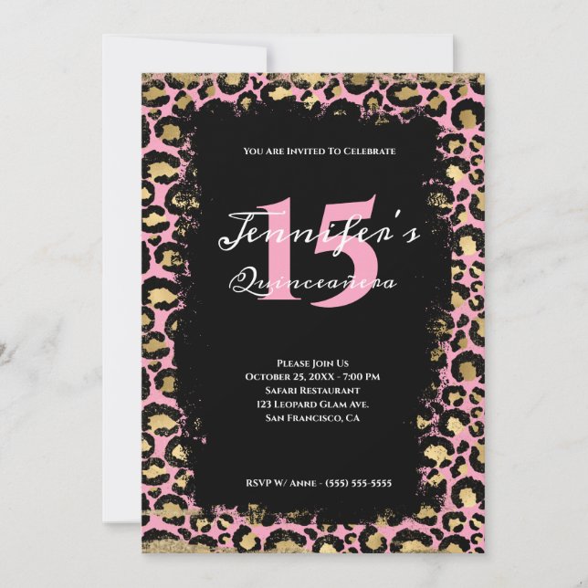 Invitation Pink Gold Leopard Grunge Safari Orange Quinceañera (Devant)