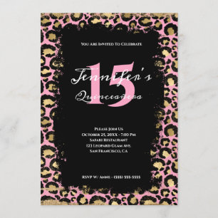 Invitation Pink Gold Leopard Grunge Safari Orange Quinceañera