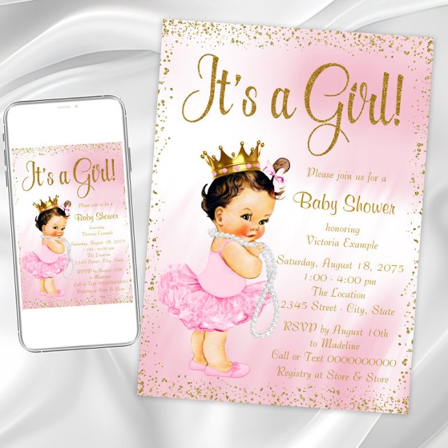 Invitation Pink Gold Little Ballerina Tutu Pearl Baby shower (Pink gold princess baby shower invitation. Instant download and printed invitations available.)