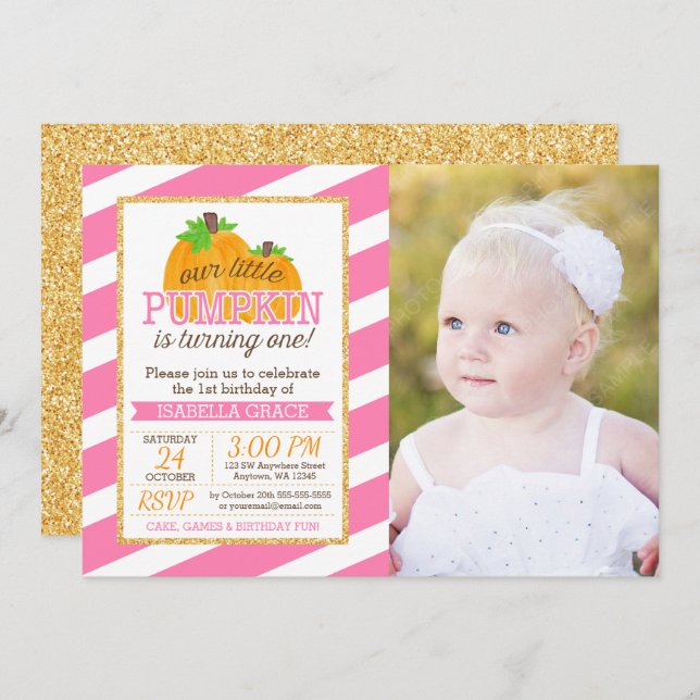 Invitation Pink Gold Little Citrouille Girl photo premier ann (Devant / Derrière)