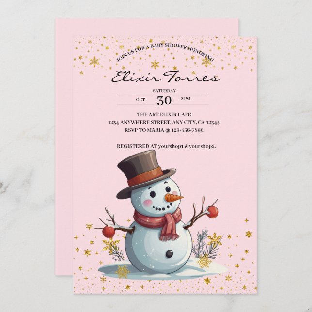 Invitation Pink & Gold Little Snowflakes Snowman Baby shower (Devant / Derrière)