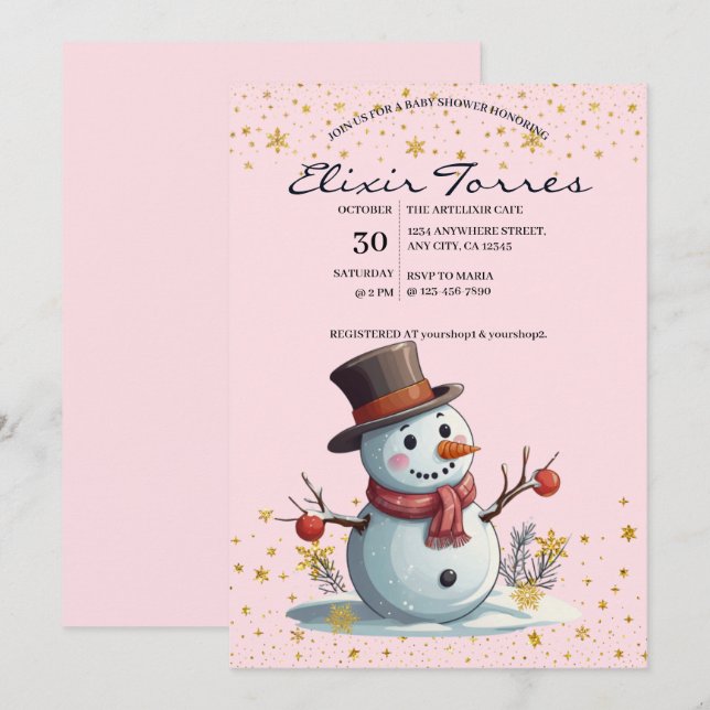 Invitation Pink & Gold Little Snowflakes Snowman Baby shower (Devant / Derrière)