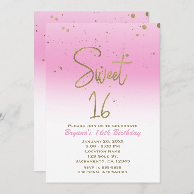 Invitation Pink & Gold Modern Glam SWEET 16 Anniversaire (Devant / Derrière)