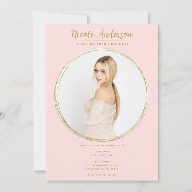 Invitation Pink & Gold Modern Round Photo Party (Devant)